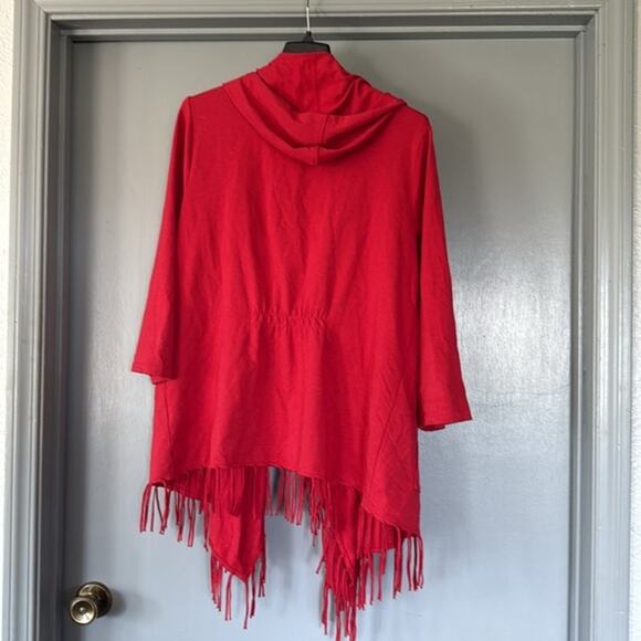 Chico's Zenergy Women's Red Open Front Cardigan Sweater Fringe 3/4 Sleeves sz L - Picture 2 of 5